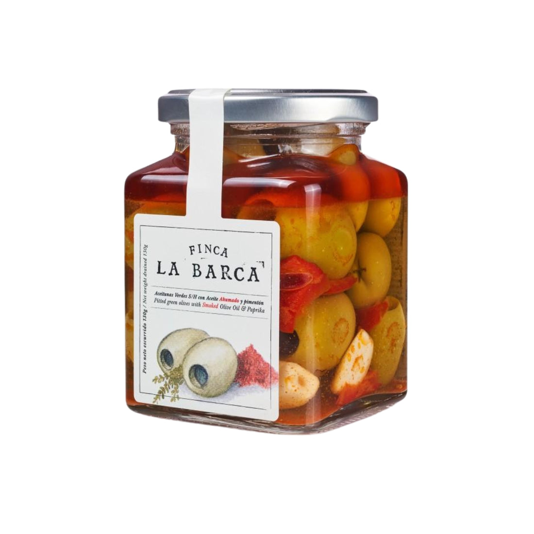 Olijven met gerookte olijfolie en gerookte paprika 130 gram